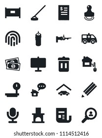 Set of vector isolated black icon - fence vector, boarding, hoe, fireplace, ambulance car, cash, heavy scales, news, microphone, fingerprint id, presentation board, pencil, stamp, garage, candle