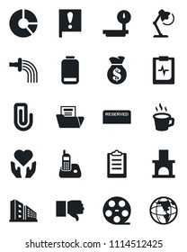 Set of vector isolated black icon - circle chart vector, watering, fireplace, heart hand, pulse clipboard, important flag, heavy scales, reel, radio phone, finger down, low battery, coffee, reserved