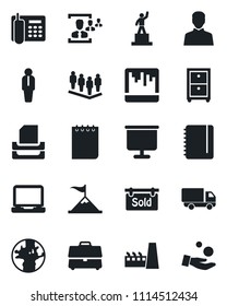 Set of vector isolated black icon - manager vector, pedestal, team, notepad, earth, car delivery, laptop pc, user, scanner, case, presentation board, hr, office phone, paper tray, archive box