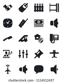 Set of vector isolated black icon - plane radar vector, suitcase, ladder car, handshake, cash, film frame, speaker, settings, rca, message, clock, drawing pin, hr, estate insurance, restaurant table