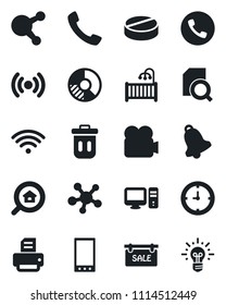 Set of vector isolated black icon - phone vector, circle chart, printer, pills, clock, video camera, share, mobile, call, bell, document search, sale, estate, children room, wireless, pc, trash bin