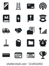 Set of vector isolated black icon - alarm clock vector, rake, ladder, ambulance car, important flag, mail, mobile, folder, cellular signal, battery, charge, document, children room, menu, reserved