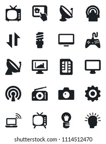 Set of vector isolated black icon - satellite antenna vector, wireless notebook, camera, gear, bulb, tomography, radio, tv, gamepad, monitor, sim, data exchange, statistics, home control app