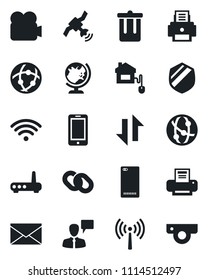 Set of vector isolated black icon - antenna vector, trash bin, globe, mobile phone, speaking man, mail, shield, satellite, video camera, network, chain, back, data exchange, printer, wireless, web