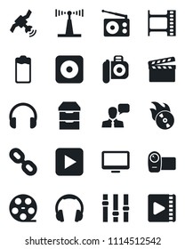 Set of vector isolated black icon - clapboard vector, film frame, reel, flame disk, camera, radio, antenna, satellite, settings, video, speaker, headphones, monitor, chain, battery, play button, rec