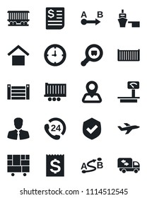 Set of vector isolated black icon - navigation vector, railroad, plane, 24 hours, client, truck trailer, cargo container, clock, receipt, sea port, consolidated, warehouse storage, shield, search