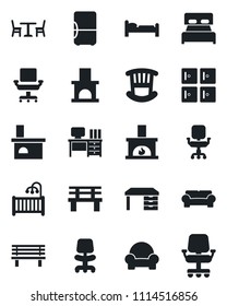 Set of vector isolated black icon - cafe vector, bed, checkroom, office chair, desk, bench, fireplace, bedroom, children room, cushioned furniture, fridge