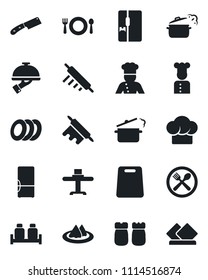 Set of vector isolated black icon - fridge vector, cook, restaurant table, serviette, cafe, hat, plates, waiter, salt and pepper, rolling pin, cutting board, knife, steaming pan