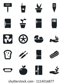 Set of vector isolated black icon - seedling vector, plant label, fridge, drink, phyto bar, salad, bacon, bread, kebab, hot dog, apple fruit, fan, palm sprout