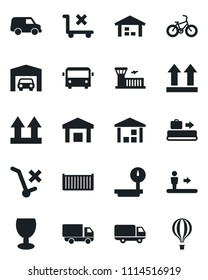 Set of vector isolated black icon - baggage conveyor vector, airport bus, escalator, building, bike, cargo container, car delivery, fragile, up side sign, no trolley, warehouse, heavy scales, garage