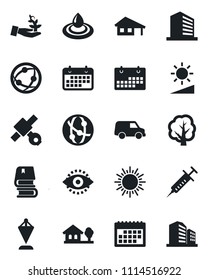 Set of vector isolated black icon - sun vector, office building, pennant, tree, syringe, satellite, term, network, brightness, eye id, calendar, book, house with garage, water, palm sproute, car