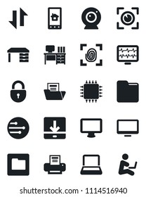 Set of vector isolated black icon - lock vector, desk, monitor pulse, network, folder, data exchange, download, document, printer, notebook pc, chip, fingerprint, web camera, home control app