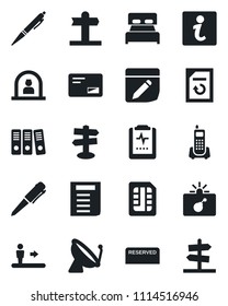 Set of vector isolated black icon - satellite antenna vector, escalator, bomb in case, reception, pen, document, reload, pulse clipboard, signpost, office phone, mail, sim, notes, paper binder