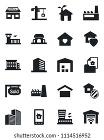 Set of vector isolated black icon - airport building vector, office, store, warehouse storage, estate document, sold signboard, sweet home, crane, factory, insurance, cafe, eco house, control app