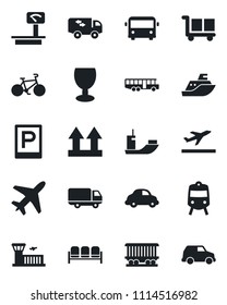 Set of vector isolated black icon - plane vector, departure, airport bus, parking, train, waiting area, building, bike, railroad, sea shipping, car delivery, fragile, cargo, up side sign, moving