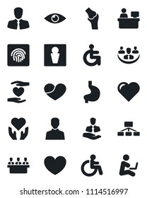 Set of vector isolated black icon - male vector, disabled, manager place, heart, hand, stomach, eye, joint, client, user, fingerprint id, company, meeting, hierarchy, man with notebook