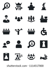 Set of vector isolated black icon - dispatcher vector, female, vip, reception, pedestal, meeting, manager place, disabled, doctor, speaker, group, user, company, identity card, hr, client search