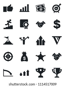 Set of vector isolated black icon - dispatcher vector, dollar sign, money bag, cash, finger up, certificate, bar graph, target, handshake, career ladder, police, arrow, motivation, pennant, crisis