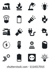 Set of vector isolated black icon - factory vector, fire, battery, low, torch, charge, desk lamp, sun panel, home control, socket, power plug, bulb, energy saving, idea