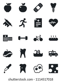 Set of vector isolated black icon - heart pulse vector, diagnosis, dropper, patch, ambulance car, barbell, bike, run, caries, implant, diet, hospital, pool, bread, rolling pin, omelette, apple fruit
