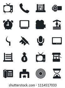 Set Of Vector Isolated Black Icon - Alarm Clock Vector, Tv, Abacus, Well, Sickle, Vinyl, Video Camera, Microphone, Call, Office Phone, Fireplace, Rolling Pin, Money Bag, Sand