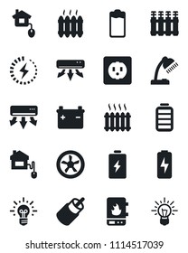 Set of vector isolated black icon - battery vector, rca, charge, desk lamp, heater, air conditioner, home control, socket, fan, water, radiator, idea