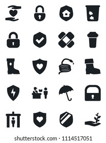 Set of vector isolated black icon - passport control vector, security gate, umbrella, trash bin, boot, hose, patch, heart shield, hand, protect, lock, estate insurance, water filter, palm sproute