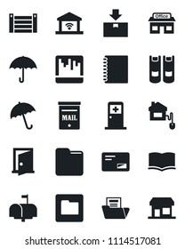 Set of vector isolated black icon - umbrella vector, medical room, book, store, container, package, mail, scanner, folder, copybook, document, mailbox, home control, garage gate, door, storefront