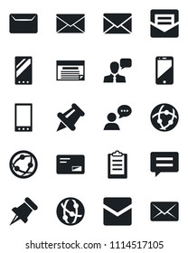 Set of vector isolated black icon - mail vector, network, cell phone, speaker, paper pin, mobile, message, clipboard, schedule
