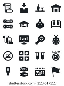Set of vector isolated black icon - no laptop vector, contract, statistic monitor, lady bug, plant label, blood test vial, heart diagnostic, medical calendar, warehouse, package, application, flag