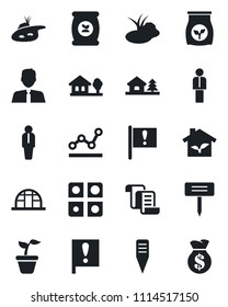 Set of vector isolated black icon - manager vector, contract, seedling, plant label, greenhouse, pond, fertilizer, important flag, application, point graph, house with tree, estate agent, eco