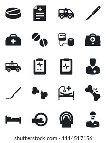 Set of vector isolated black icon - bed vector, doctor case, diagnosis, blood pressure, pills, scalpel, tomography, ambulance car, hospital, broken bone, pulse clipboard