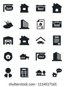 Set of vector isolated black icon - office building vector, house, pond, contract, with garage, tree, estate document, sale, rent, sold signboard, agent, insurance, home message