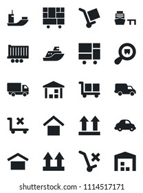 Set of vector isolated black icon - sea shipping vector, truck trailer, car delivery, port, consolidated cargo, warehouse storage, up side sign, no trolley, search