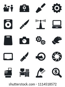 Set of vector isolated black icon - passport control vector, camera, gear, desk, notebook pc, trowel, glove, garden knife, doctor case, tomography, antenna, laptop, speaker, mobile, lamp, copier