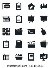 Set of vector isolated black icon - flight table vector, presentation board, meeting, clipboard, clapboard, rooms, sold signboard, smart home, cutting, chip
