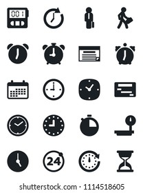 Set of vector isolated black icon - 24 around vector, alarm clock, heavy scales, stopwatch, manager, calendar, schedule, sand