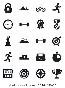 Set of vector isolated black icon - pedestal vector, medal, barbell, bike, run, heavy, stopwatch, clock, target, mountains, award cup