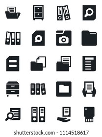 Set of vector isolated black icon - office binder vector, document search, folder, photo gallery, paper, archive box, usb flash
