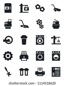 Set of vector isolated black icon - coffee machine vector, gear, lawn mower, ripper, tomography, printer, copier, washer, crane, water filter, combination lock