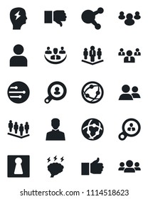 Set of vector isolated black icon - female vector, team, brainstorm, network, share, group, finger up, down, user, company, client search, consumer