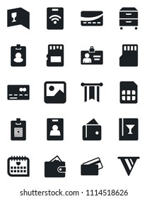 Set of vector isolated black icon - credit card vector, identity, medical calendar, gallery, sd, sim, archive box, wine, pass, wallet, pennon