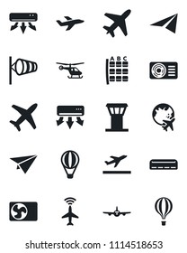 Set of vector isolated black icon - plane vector, airport tower, radar, departure, wind, helicopter, seat map, globe, air conditioner, paper, balloon