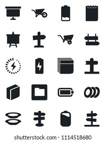Set of vector isolated black icon - signpost vector, notepad, presentation board, wheelbarrow, low battery, folder, charge, blank box, plates, guidepost
