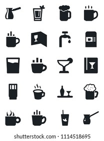 Set of vector isolated black icon - hot cup vector, coffee machine, water supply, alcohol, wine card, drink, cocktail, phyto bar, beer, turkish