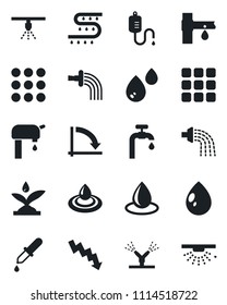 Set of vector isolated black icon - crisis graph vector, watering, water drop, drip irrigation, dropper, menu, supply, sprinkler