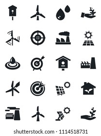 Set of vector isolated black icon - factory vector, bird house, target, sun panel, windmill, eco, water, palm sproute