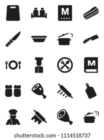 Set of vector isolated black icon - cook vector, cafe, menu, bacon, salt and pepper, ham, bowl, rolling pin, cutting board, knife, steaming pan