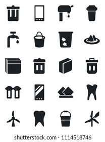 Set of vector isolated black icon - trash bin vector, bucket, tooth, mobile, blank box, water supply, serviette, filter, windmill