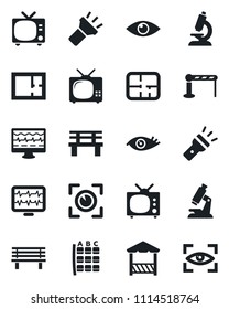 Set of vector isolated black icon - barrier vector, tv, seat map, bench, monitor pulse, microscope, eye, torch, plan, alcove, scan